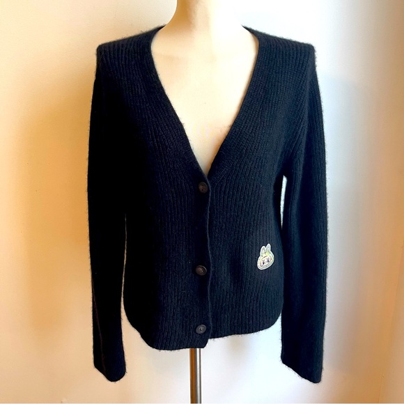 Upcycled VINCE Black Cashmere Cardigan Knit with Green Labubu Patch Size Large - Picture 1 of 8